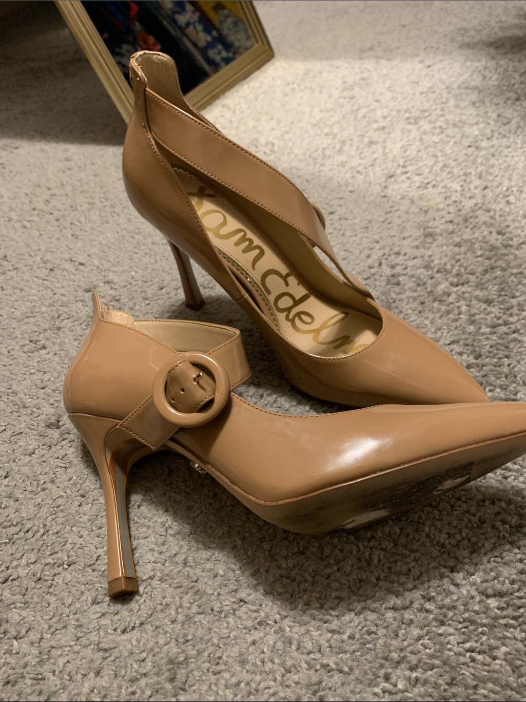 Sam Edelman Nude Patent Leather Pointed-Toe Stiletto Heels With Buckle